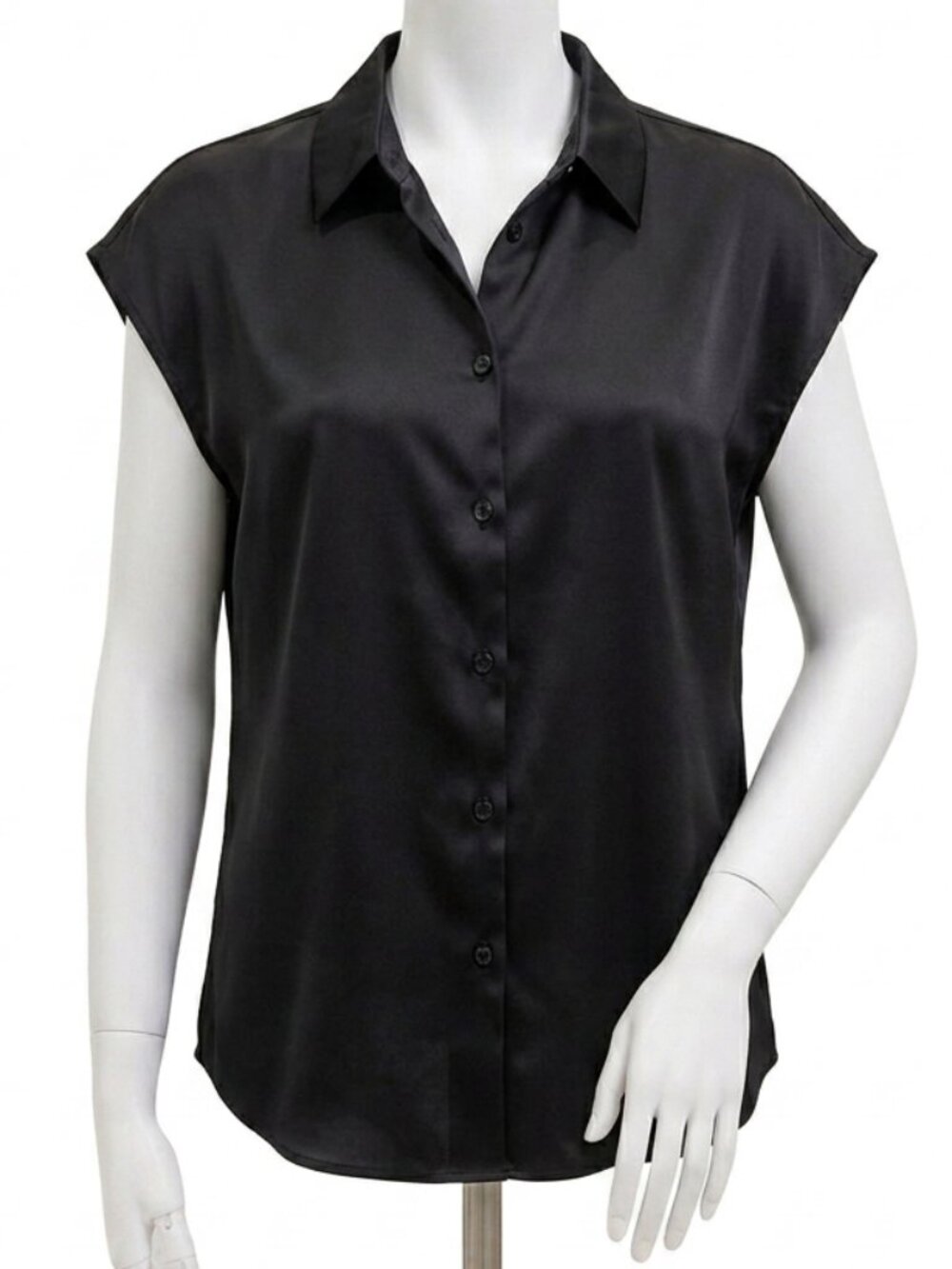 Black Satin-Finish Short Sleeve Button-Down Blouse - Size M